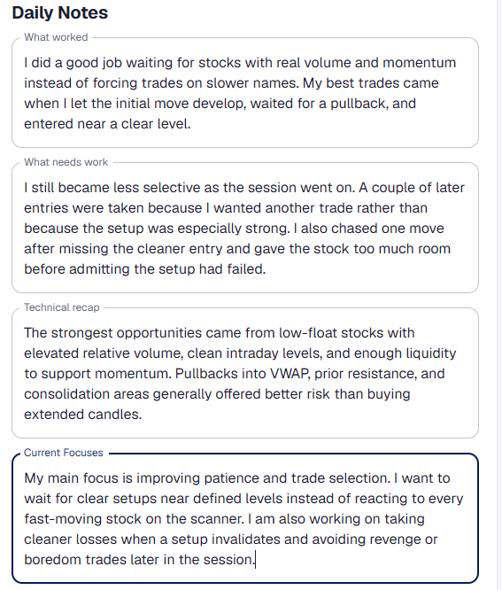 Full Session Notes view for one trading day