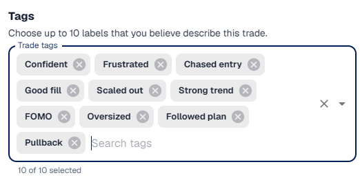 Ten trade tags showing different tag categories