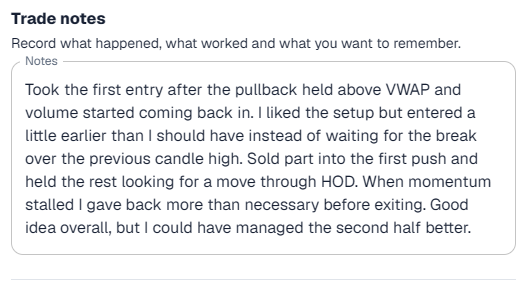 A written note attached to a completed trade