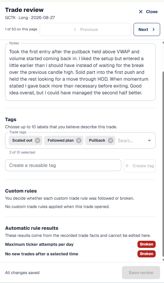 Compact Trade Explorer review drawer showing one completed trade