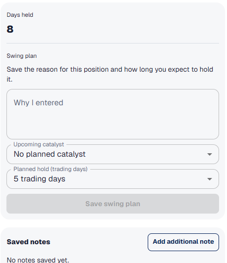 Swing Trade Tracker card with a trade plan, catalyst, holding period, and dated notes